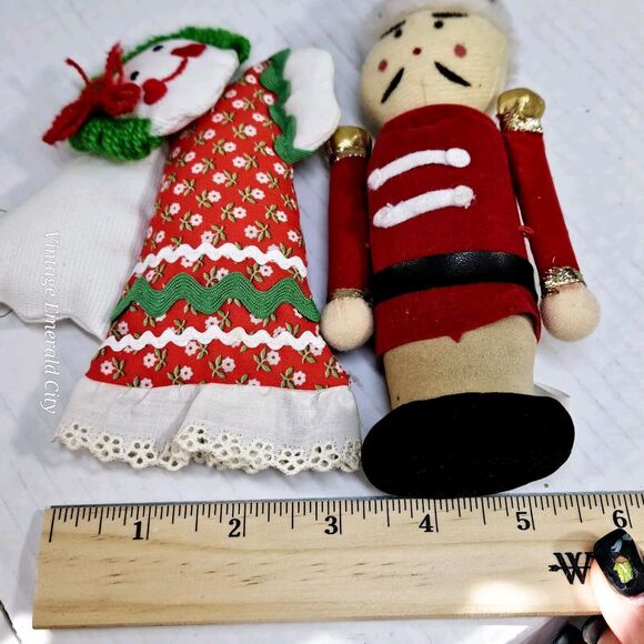 Vtg Christmas Ornaments Dolls Stuffed Pillows Set Of 2 Angel Nutcracker Soldier - Picture 3 of 15